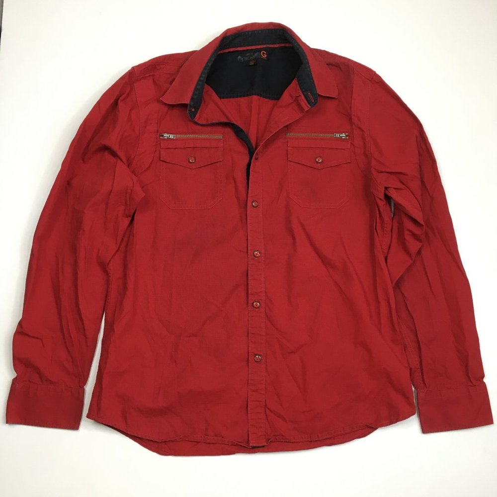 G by GUESS Textured Fabric Red Deco  Zipper Pockets Long Sleeve Button Shirt